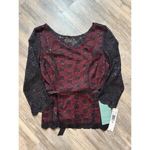 NWT Vintage Y2K Goth Blouse XL Black Red Lace Sequin Peplum Top
